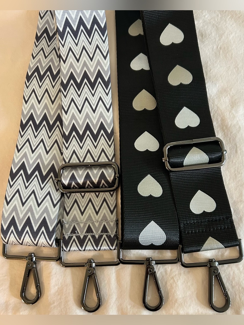 Set of Adjustable Guitar Style Bag Straps, Black with RG Hearts & Gray Chevron